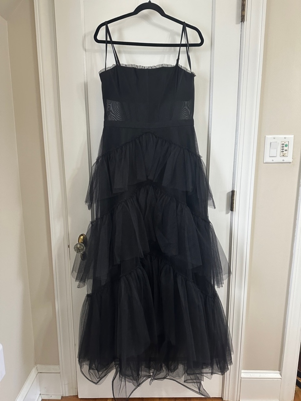 BCBGMaxAzria Black Tiered Tulle Spaghetti-Strap Maxi Dress